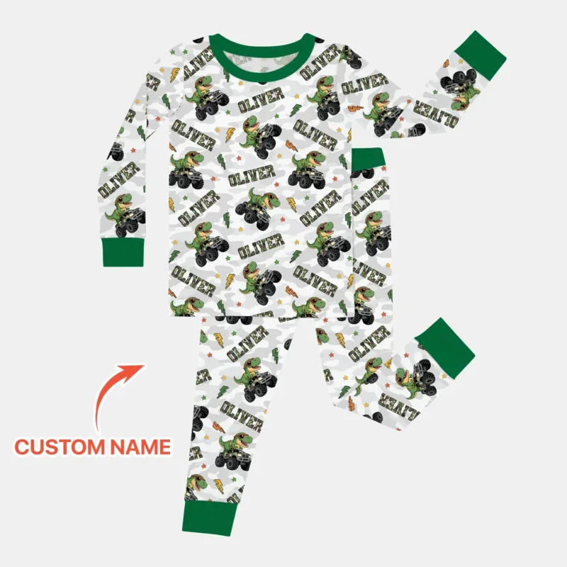 Custom Name Camo Trucker Dino Bamboo Two Piece Long Sleeve Pajama Set