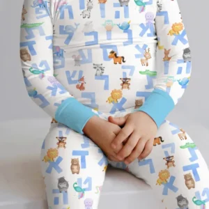 Hebrew Animal Alphabet Bamboo Two Piece Long Sleeve Pajama Set