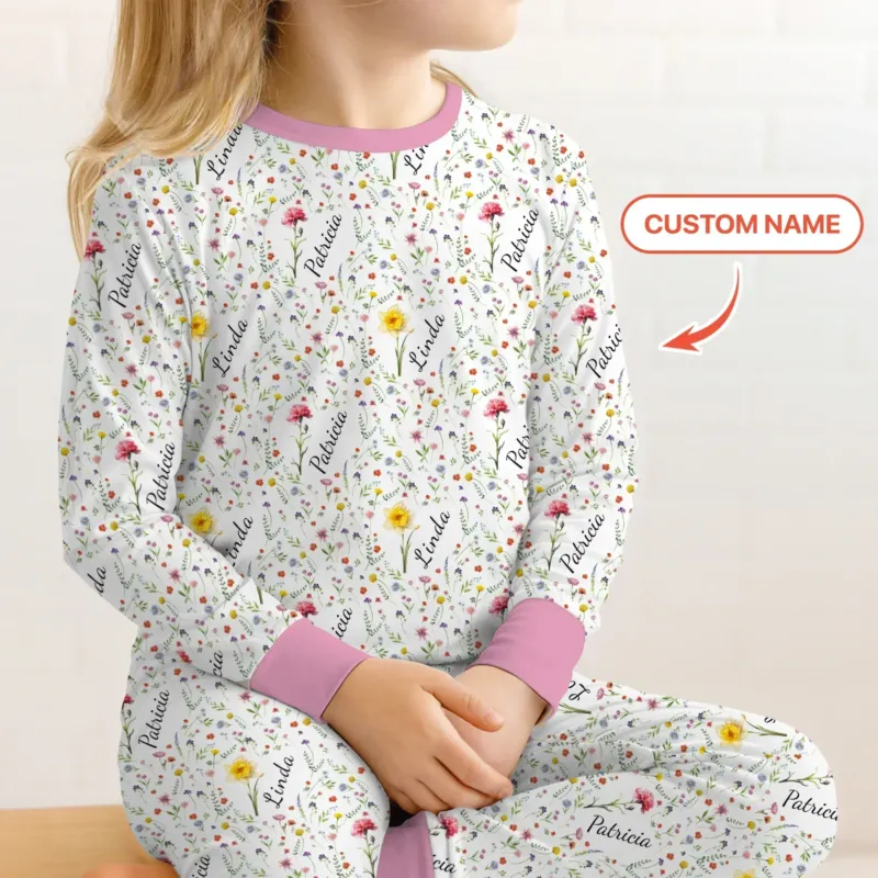 Custom Name Birth Flower Family Daughter Sister Bamboo Two Piece Long Sleeve Pajama Set