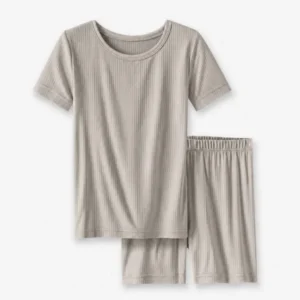 Dove Gray Ribbed Bamboo Two Piece Short Sleeve Shorts Pajama Set