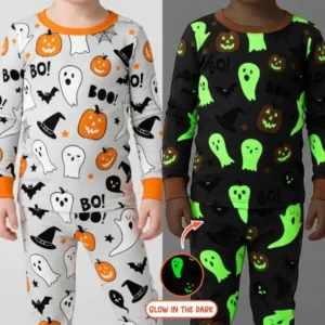 Halloween Boo & Pumpkin Glow In The Dark Bamboo Two Piece Long Sleeve Pajama Set