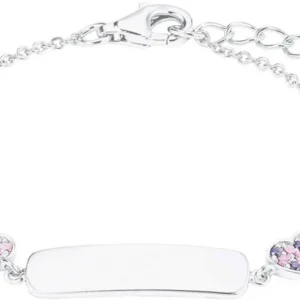 Silberfarbenes Herz-Charms-Armband mit ovaler Plakette und zwei rosafarbenen Herzen