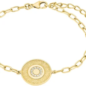 Armband aus gelbgoldfarbenem Metall, mit rundem Zierteil und blauem Schmuckstein