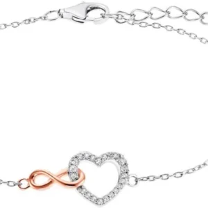 Silberfarbenes Armband mit Infinity-Herz-Anhänger und Steinen, roségoldfarbene Schleife
