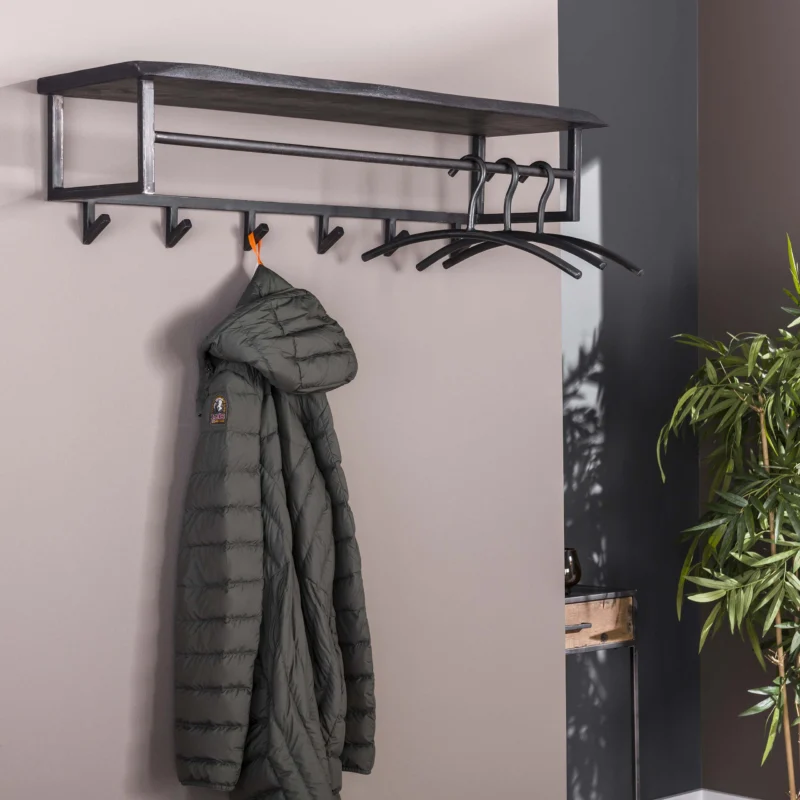 Garderobe Yucon Hutablage 6 Haken / Massive Akazie schwarz