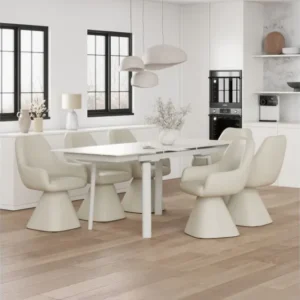 Bellaro and Caprese 7-piece dining set with travertine sintered stone extendable table and cream faux leather swivel chairs