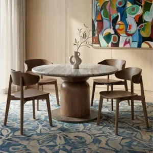 Martina and Khari 5-piece dining set with round walnut mango wood pedestal table with Fantasy Brown marble top and matching walnut chairs