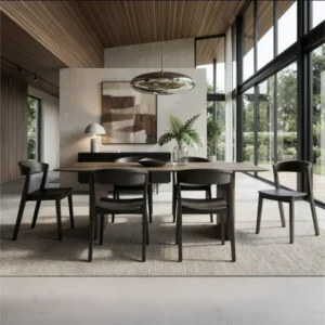 Bazul and Nicco 7-piece dining set with solid mocha mango wood boat-shaped table and matching mocha ash veneer chairs