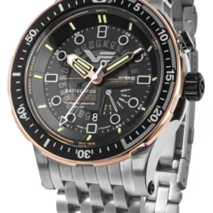 Vostok Europe Batiscafos Hybrid-Armbanduhr, Stahlband, schwarzes Zifferblatt mit Datum