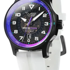 Herrenuhr mit schwarzem Gehäuse, violetten Akzenten und weißem Silikonarmband