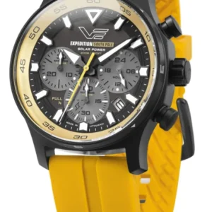 Herren-Chronograph: gelbes Silikonarmband, schwarzes Gehäuse, Zifferblatt mit Chrono-Subdials