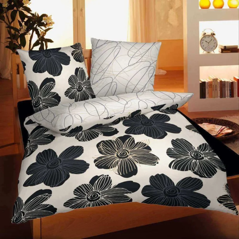 Satin Bettwäsche Schwarz Beige Blumen