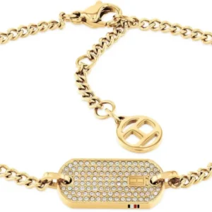 Panzerkette mit Dog Tag Anhänger von Tommy Hilfiger, goldfarben, rechteckig mit Strassbesatz