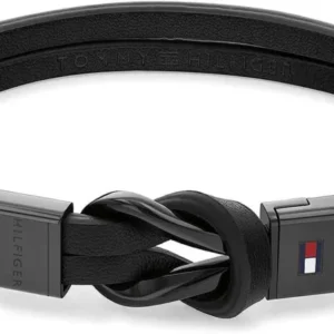 Tommy Hilfiger Lederarmband: schwarzes Leder, Knoten-Clip, Metallverschluss