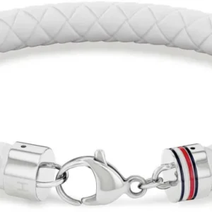 Geflochtenes Tommy Hilfiger Silikonarmband, weiß geflochten, silberner Verschluss mit Farbstreifen