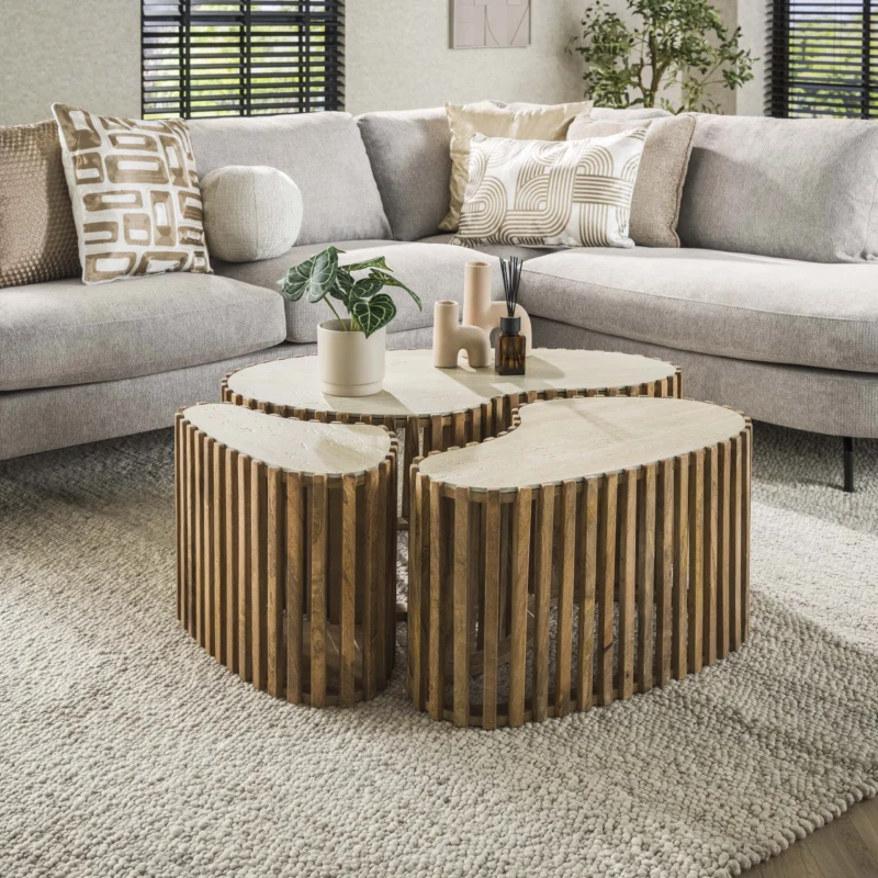 NUOVO 3er Set Couchtisch organisch / Massiv Mango sand Keramikplatte