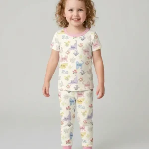 Gingham Cats Custom Name Bamboo Two Piece Short Sleeve Pajama Set