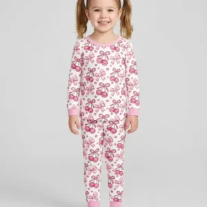 Pink Glitter Cherry Bows Bamboo Two Piece Long Sleeve Pajama Set