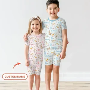 Custom Name Bunny Garden Bamboo Two Piece Short Sleeve Shorts Pajama Set
