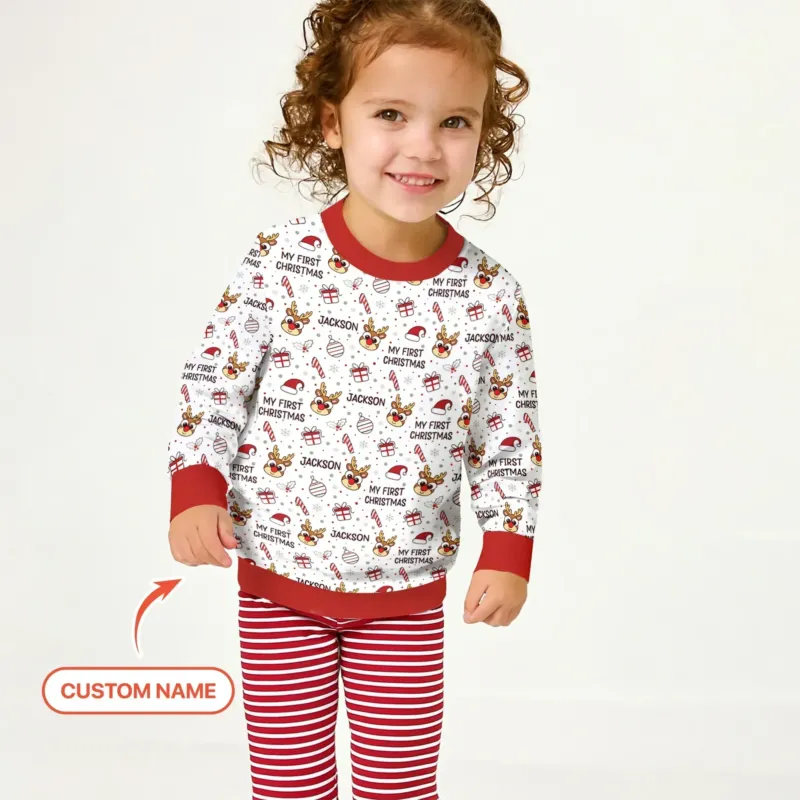 Custom Name Reindeer Doodle My First Christmas Bamboo Crewneck Sweatshirt
