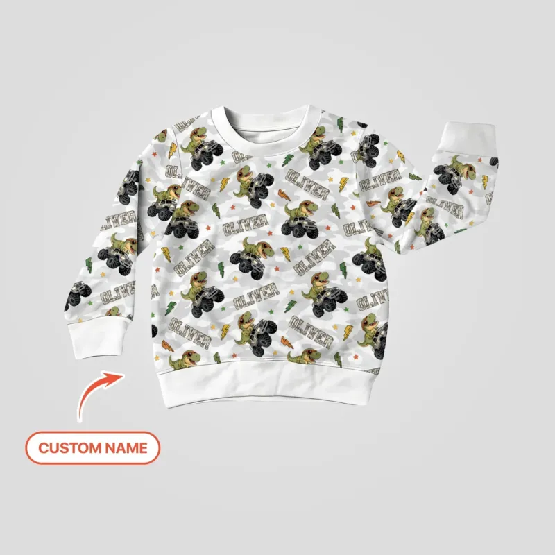Custom Name Camo Trucker Dino Bamboo Crewneck Sweatshirt