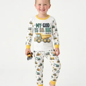 Construction Vehicles My God Is So Big Bamboo Two Piece Long Sleeve Pajama Set