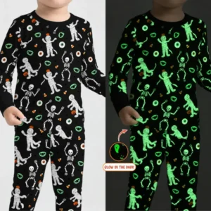 Glow In The Dark Spooky Mummy Skeleton Mix Bamboo Two Piece Long Sleeve Pajama Set