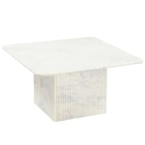 Roland square white marble coffee table with solid marble fluted pedestal base
