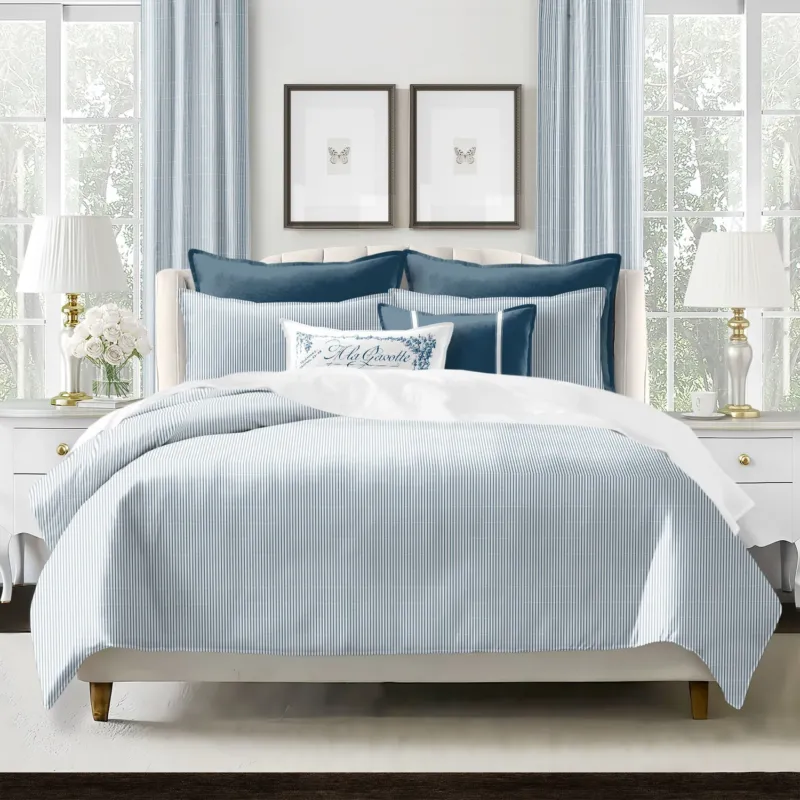 Jaxon Stipe ivory ticking stripe COVERLET set on bed - Made in Canada cotton twill bedding