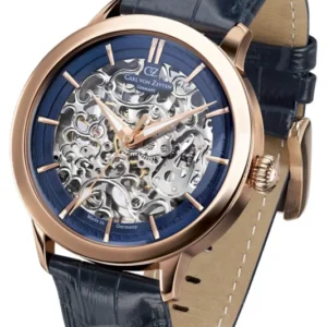 Carl von Zeyten Skelett-Uhr mit blauem Zifferblatt, Lederarmband, Roségold-Gehäuse