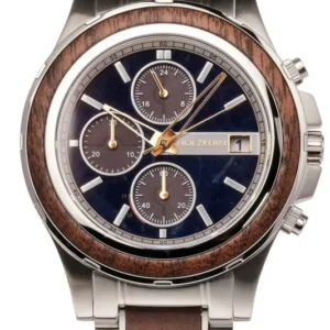 Herren-Chronograph-Uhr von Holzkern mit blauem Zifferblatt und Holz-Metallarmband