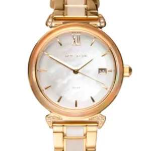 Goldfarbene Damen-Armbanduhr mit weißem Zifferblatt und römischen Ziffern