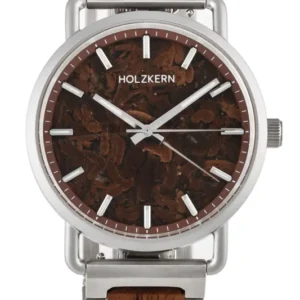 Unisex-Armbanduhr mit braunem Walnussholz-Zifferblatt, HOLZKERN-Schriftzug, silbernem Band