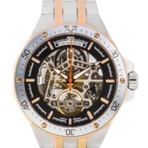 Bicolor-Herrenuhr mit Skelettzifferblatt, schwarzem Rand, Metallarmband, Saphirglas