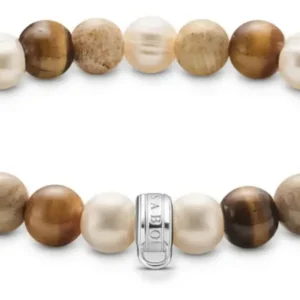 Perlenarmband mit naturfarbenen Steinen und silbernem Verschluss, runde Beads