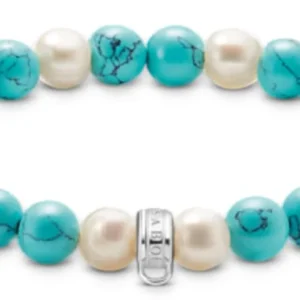 Armband mit türkisfarbenen und weißen Perlen, silbernem Karabinerverschluss