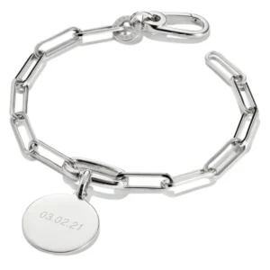 Silbernes Charm-Armband mit Papierclip-Gliedern und rundem Anhänger, Karabiner-Verschluss