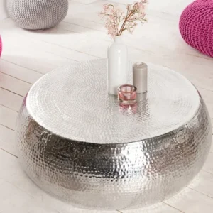 ORIENT Runder Couchtisch 80cm silber Metall Aluminium Hammerschlag Design handmade