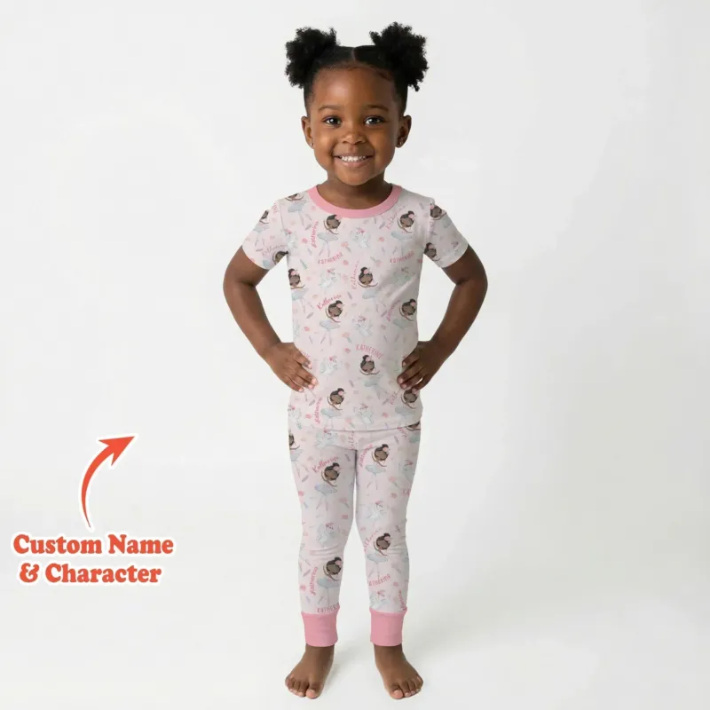 Custom Name Ballerina Doll Bamboo Two Piece Short Sleeve Pajama Set