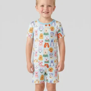 Whimsical Puppy Parade Family Matching Bamboo Two Piece Short Sleeve Shorts Pajama Set