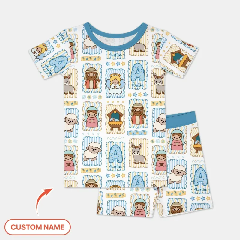 Custom Name Christmas Nativity Bamboo Two Piece Short Sleeve Shorts Pajama Set