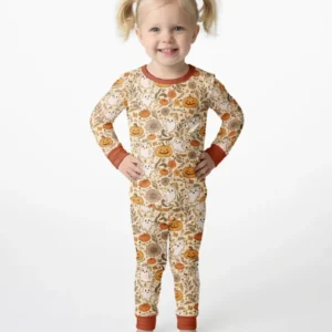 Playful ghosts - Cottage Core Halloween Bamboo Two Piece Long Sleeve Pajama Set
