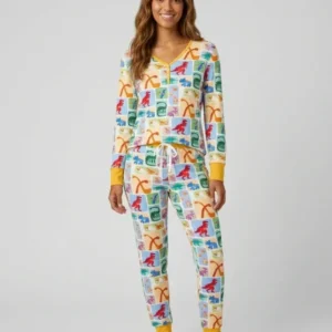 Rainbow Dino Friends Family Matching Bamboo Women Pajama Set