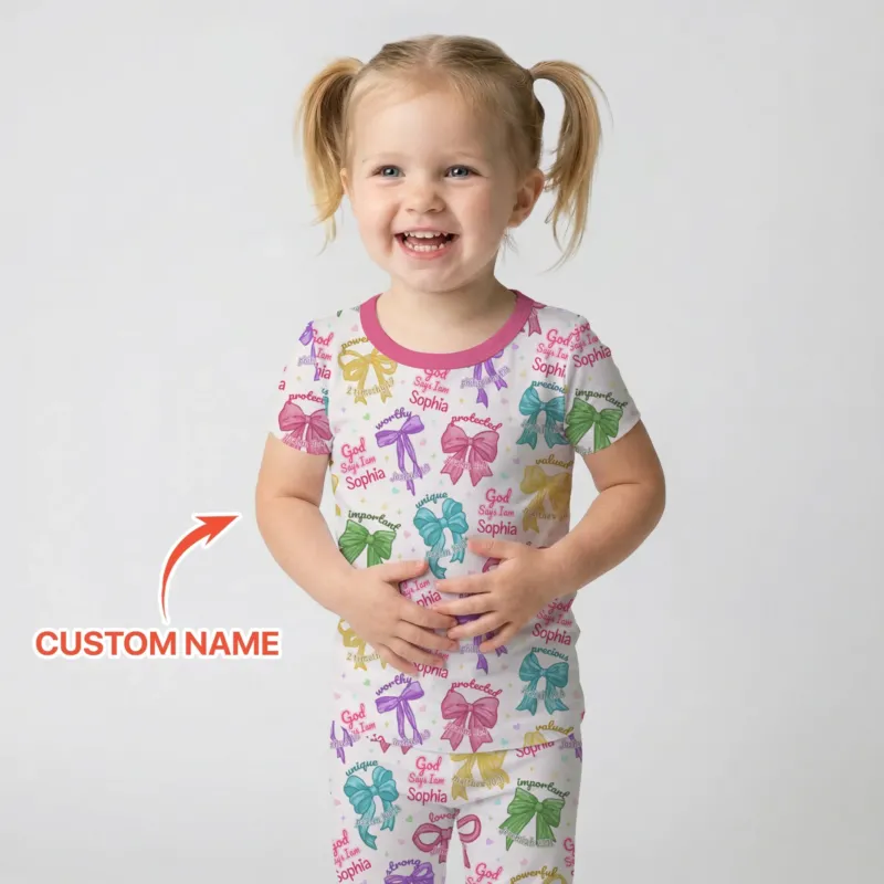 God Says I Am Bow Blessings Custom Name Bamboo Two Piece Short Sleeve Pajama Set