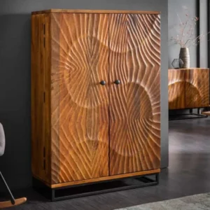 Massiver Barschrank SCORPION 141cm braun Mangoholz aufwendige 3D Schnitzereien