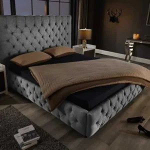 PARIS Design Boxbett 180x200cm grau Leinen Chesterfield Doppelbett