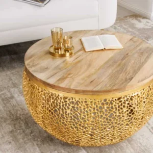 ABSTRACT LEAF Design Couchtisch 80cm gold Mangoholz massiv handmade Metall rund