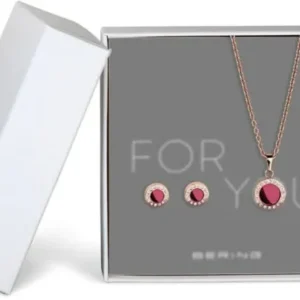 Schmuckset aus Halskette und Ohrsteckern, roségoldfarben, violetter runder Anhänger, Steine