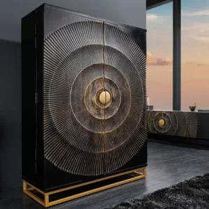 Handgearbeiteter Barschrank GOLDEN SUNSET 140cm schwarz gold Mangoholz massiv