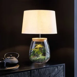 Befüllbare Tischlampe CLASSICO weiß transparent Glas mit Leinenschirm